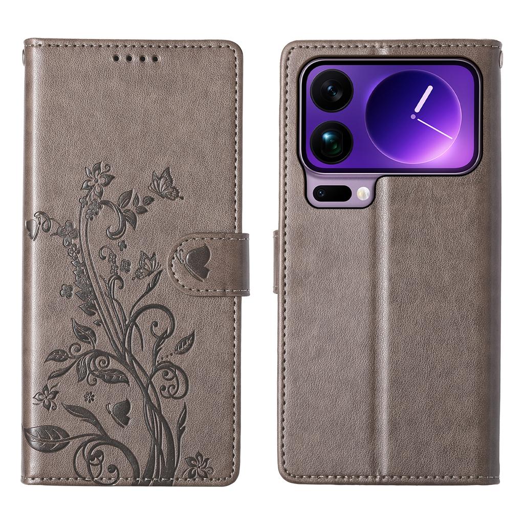 For Xiaomi 17 Pro Max Wallet Case Butterfly Floral Imprint PU Leather Phone Cover with Wrist Strap