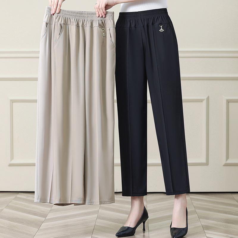 Summer Ice Silk Elastic Waist Pants for Middle-aged Women: Stretchy, Straight-leg Casual Wear for Comfort.
