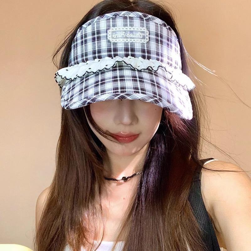 Sweet Lace Plaid Empty Top Hat for Children, Breathable and Versatile In Summer, Small Sunscreen Hat, Sunshade Peaked Cap