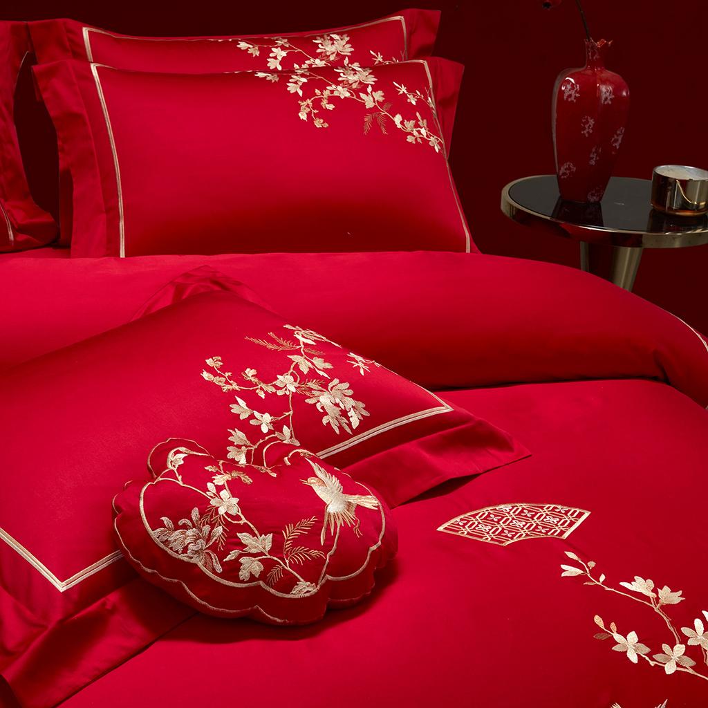 New Chinese Style High Count Satin Cotton Wedding Embroidery Four Piece Set - Eyebrow Tips On the Wedding