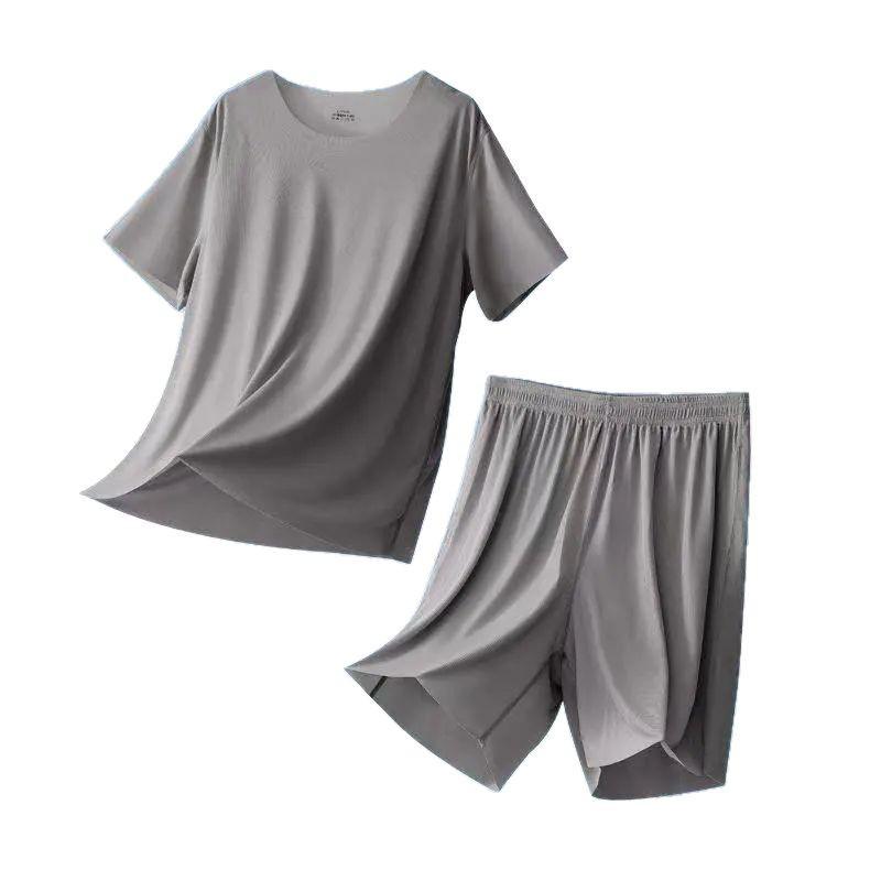 Men's Teen Ice Silk Pajamas - Summer Two-Piece Seamless Short Sleeve Set, Large Size