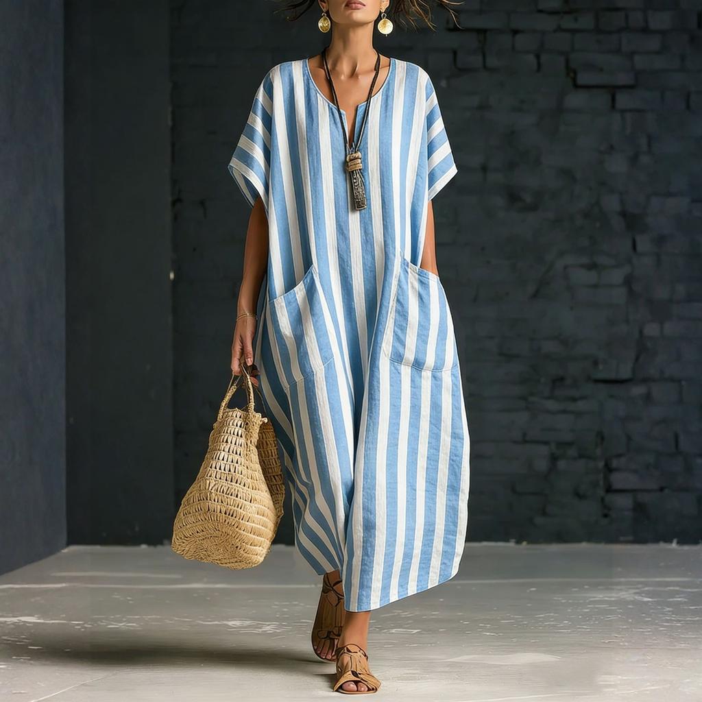 Locker sitzendes gestreiftes Kaftan-Kleid mit V-Ausschnitt und kurzen Ärmeln für Damen, lässiges langes Maxikleid mit Taschen