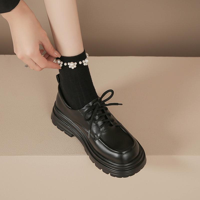 

Туфли на плоской подошве из натуральной кожи для женщин Huizhou, Su Yinyin, такие же туфли со шнуровкой спереди, универсальные, увеличивающие рост, на платформе, маленькие кожаные туфли 34 чёрный