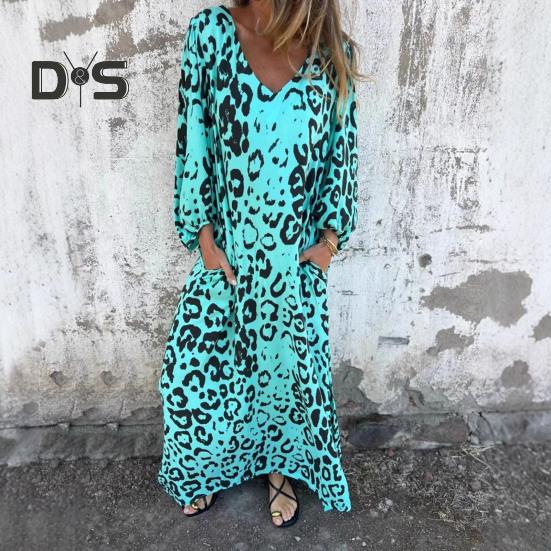 Women's Leopard Print Dress V-Neck Long Sleeve Maxi Dress Casual Loose Fit Spring Summer Dress for Office Daily Wear Vacation Party