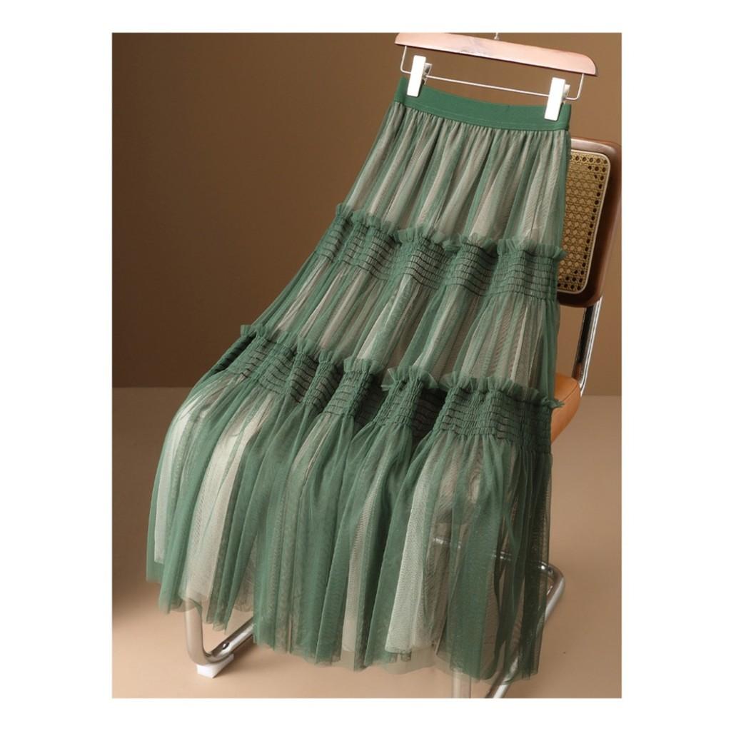 Qooth Damen A-Linien-Einsatz Tüll Rüschenrock Weiter Saum Mittellang Elastischer Bund Freizeitrock QT2647
