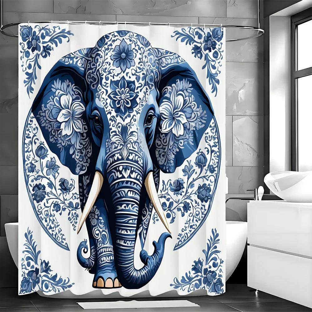 Kreativ Blåvit Porslins Elefant Duschdraperi Tvättbar Smutsavvisande Duschhuvud Vattentät Polyester Badrumsdraperi