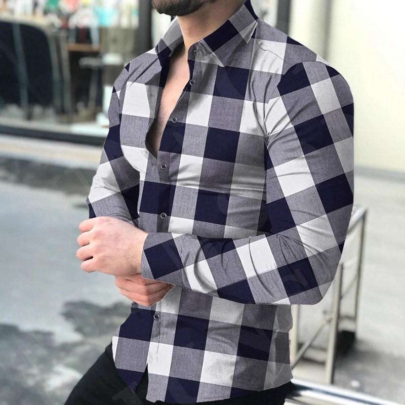 

Flip Collar Casual Slim Fit Long Sleeved Checkered Digital Printed Shirt for Men, Long Sleeved Casual Shirt 3XL