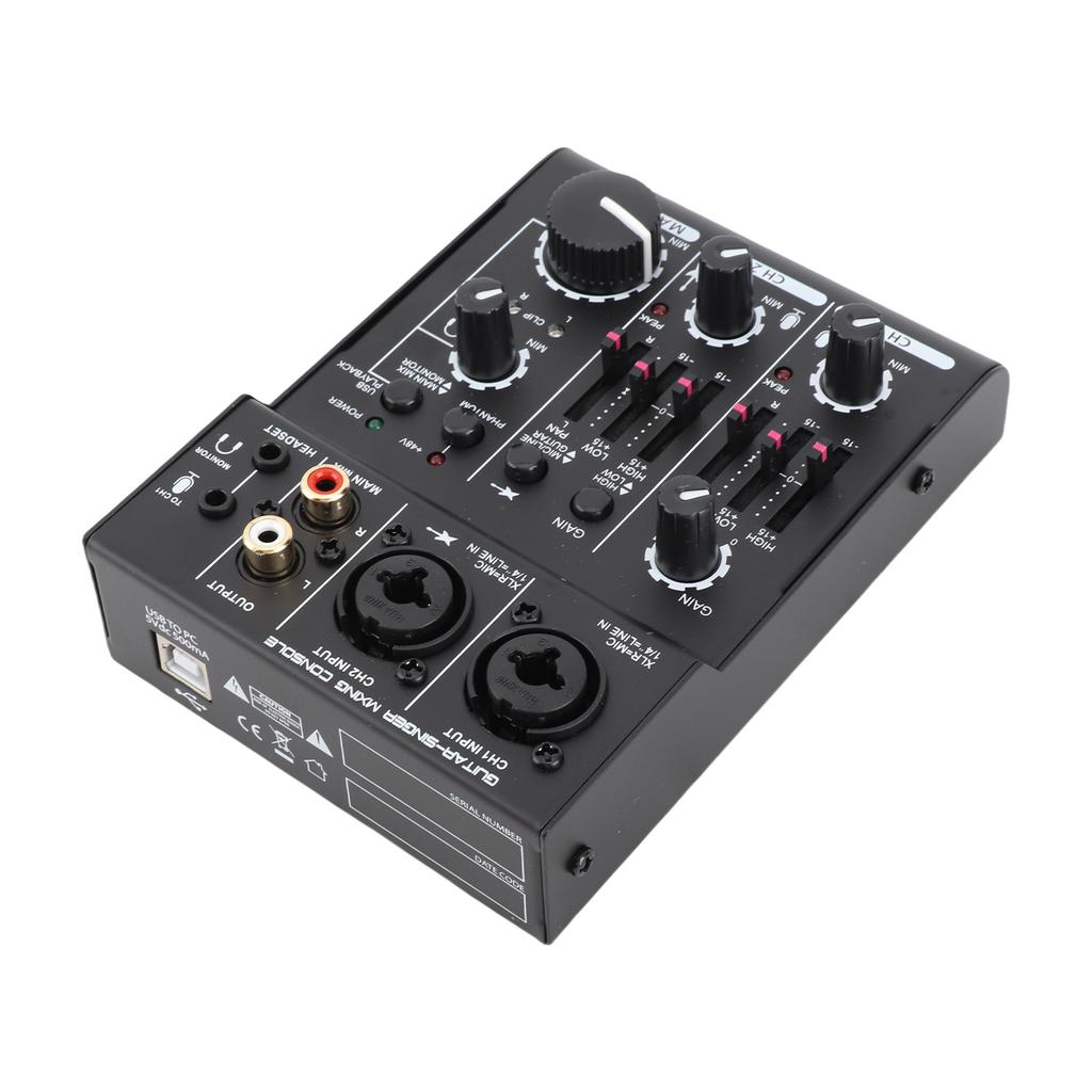 Mini 2 Channel Sound Card Mixing Console Digital Sound Mixer Built In 48V Phantom Power 5V USB Powered for Home Studio