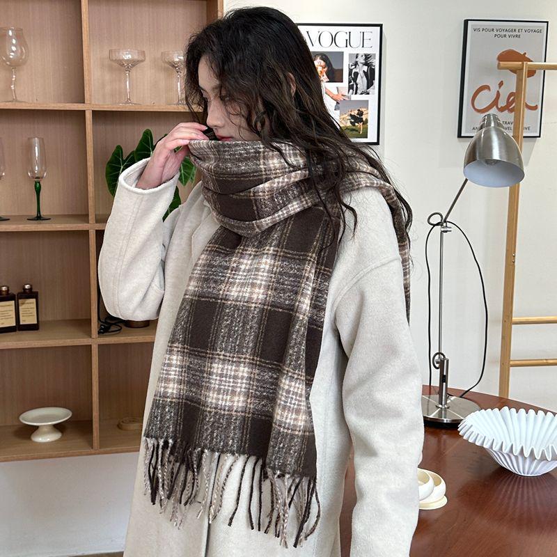 Women's Faux Cashmere Plaid Scarf - Korean Style, Thick & Warm Autumn/Winter Shawl