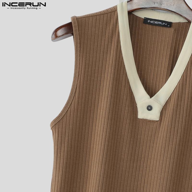 INCERUN Men V Neck Sleeveless Patchwork Rib Casual Tank Tops Undershirts