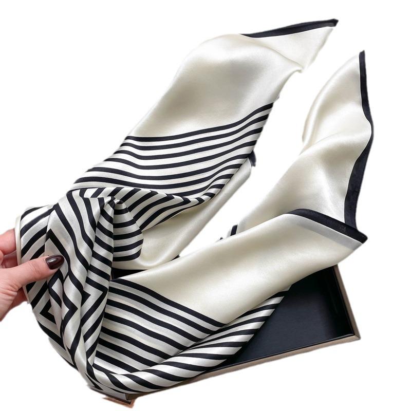 Elegant Striped Silk Scarf: Large Square for Women’s Spring & Autumn, Versatile Sunscreen, Mulberry Silk 90 Shawl