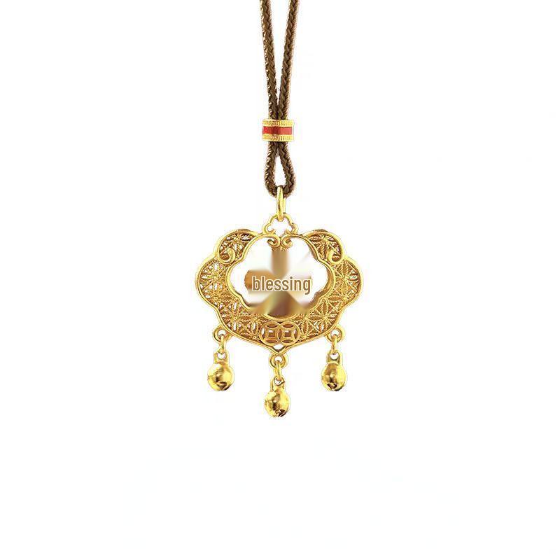 Gold Sand Filigree Ruyi Peace Lock Pendant Necklace - Women's Simulated Gold Accessory