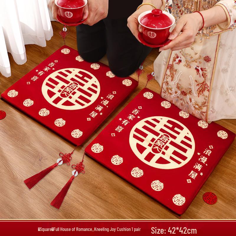 Red Double Happiness Wedding Ceremony Kneeling Cushions Set for Bride – Perfect for Tea Ceremony and Special Occasions