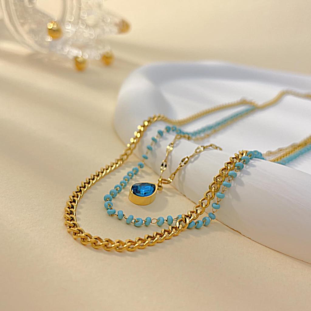 Halskette für Edelstahl Tropfen Lila Tropfen Geschenk [Rockyu] Damen, Gold, Stahl, Hypoallergen, 3-reihige Halskette, Gold, Zirkonia, Anhänger,