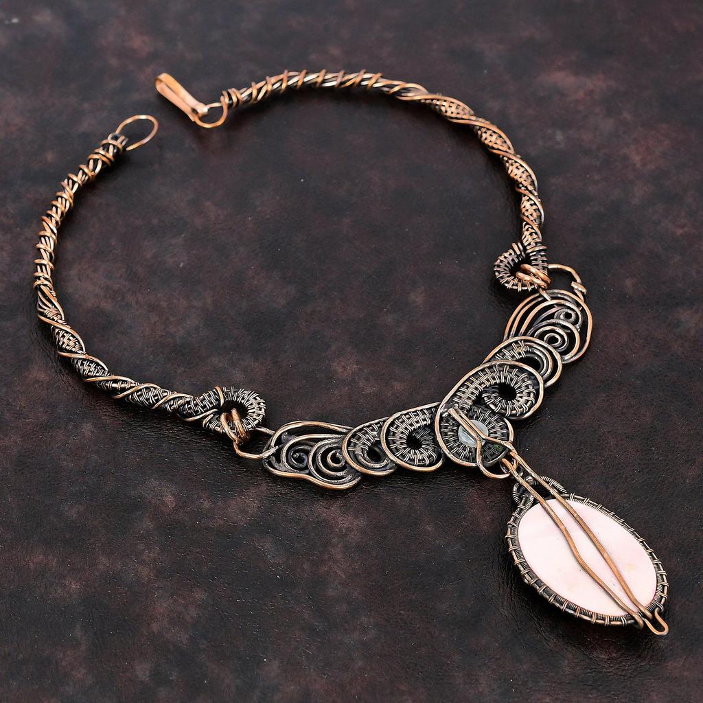 Pink Opal Necklace Copper Wire Wrapped Gemstone Necklace Rainbow Moonstone Necklace Handmade Necklace Copper Wire Jewelry Anniversary Gifts
