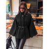 Women S Black Wool Blend Cape Coat Stand Collar Long Sleeve Loose Elegant