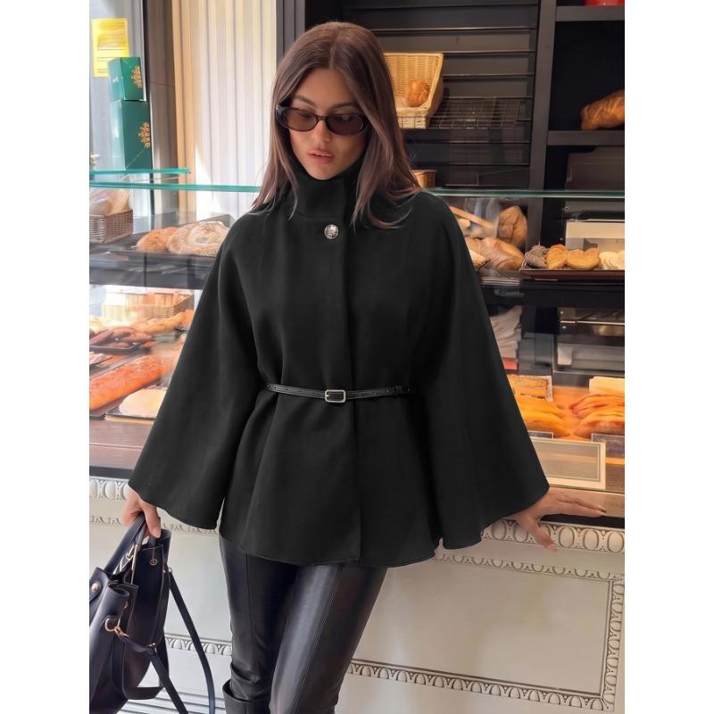 Women S Black Wool Blend Cape Coat Stand Collar Long Sleeve Loose Elegant
