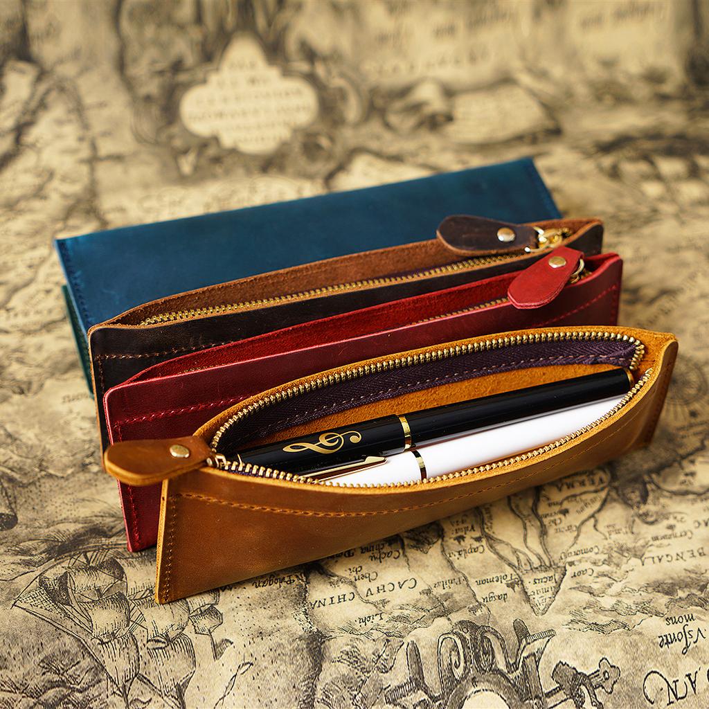 2026 Leather Pencil Bag Academy First Layer Crazy Horse Leather Handmade Change Bag Student Pencil Bag Stationery Storage Bag