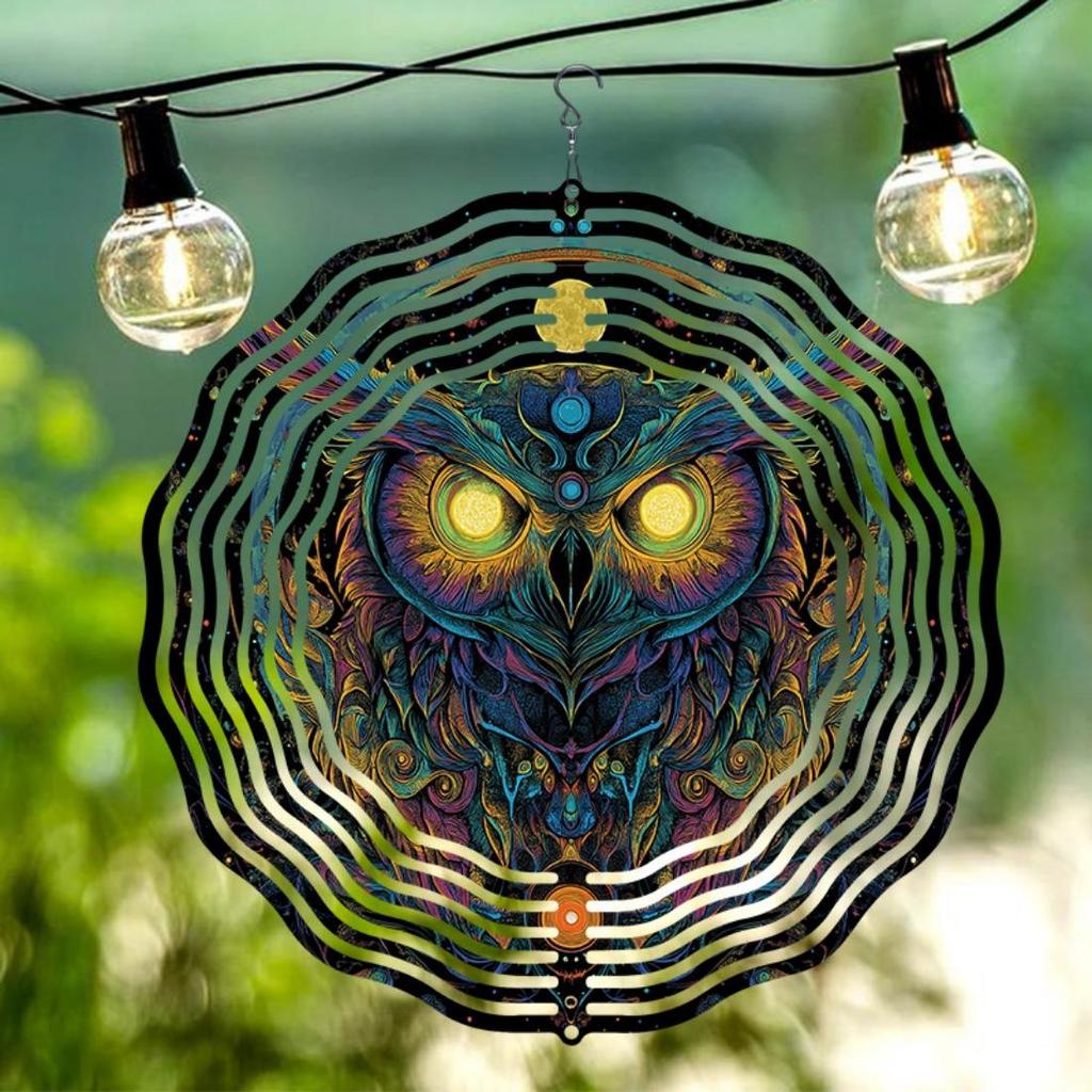 1 Stück Mandala-Stil 3D Dunkle Nacht Eule Metall Windspiel - 360° Drehende Gartendekoration mit Lebhaften Farben, Kein Strom Benötigt