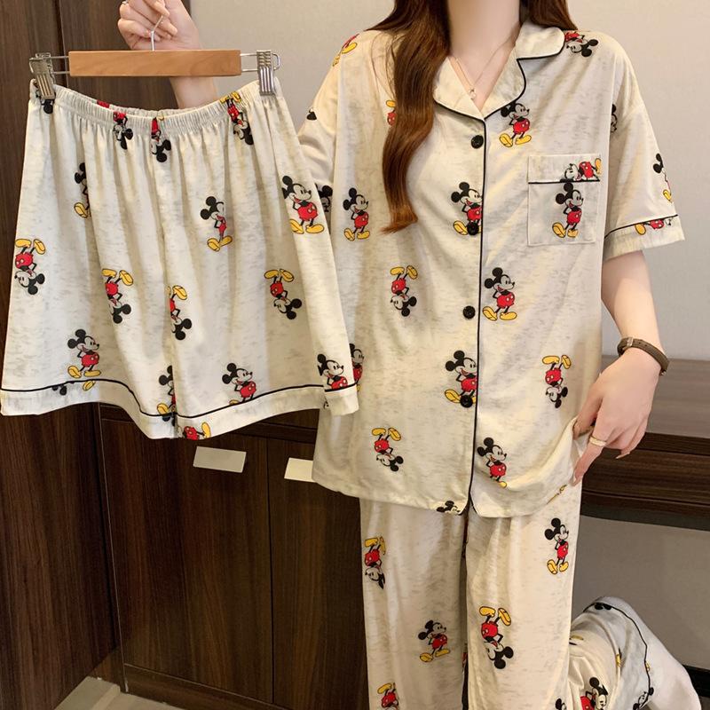 Three-Piece Pajamas Women'S Summer Short-Sleeved Shorts Cartoon Mickey Smudged Loungewear Can Be Worn Outside