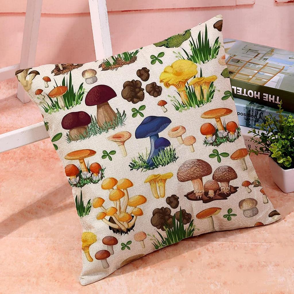 1Pc Whimsical Mushroom Fungi Cushion Cover, Cottagecore Botanical Forest Print Throw Pillow Case For Home Sofa Bedroom Decor