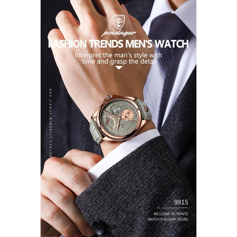 POEDAGAR Men Watch Fashion Top Luxury Sport Wristwatch Waterproof Luminous Leather Date Quartz Man Watches + Box