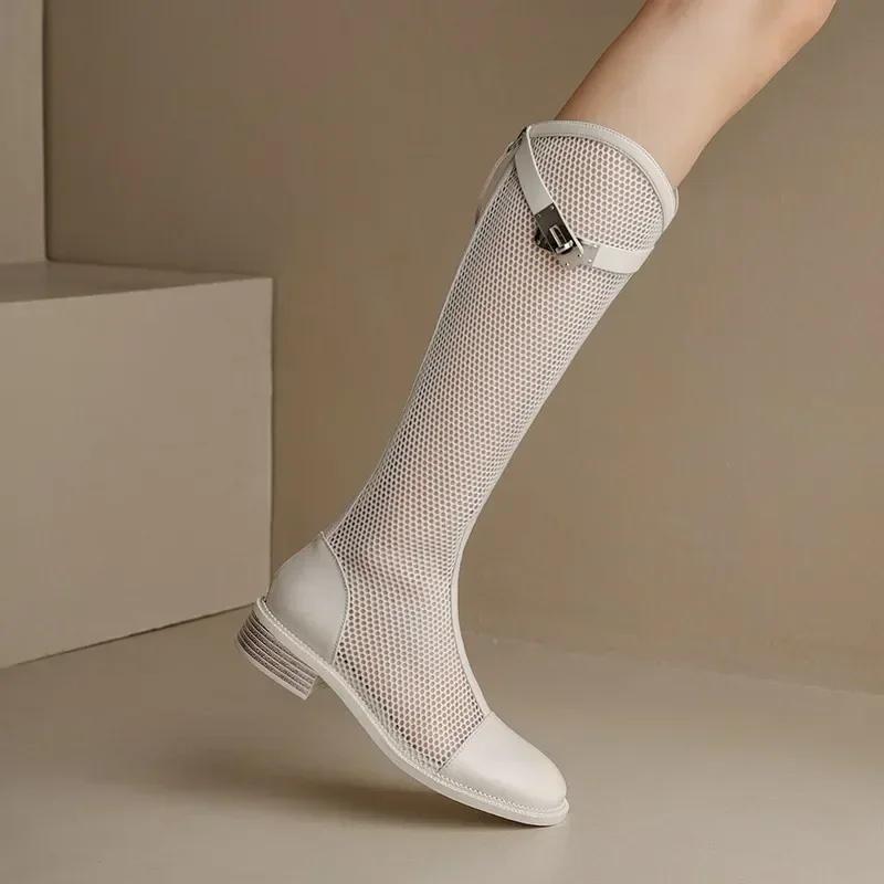 

Модные женские летние сапоги до колена из сетки, женские рыцарские сапоги с V-образным вырезом, дышащие сетчатые сапоги, толстые полые длинные классные сапоги Botas Mujer 35