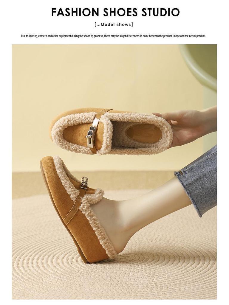 Cozy Ladylike Furry Slipper Mules with Metal Buckle & Hidden Heel - 2025 Autumn/Winter