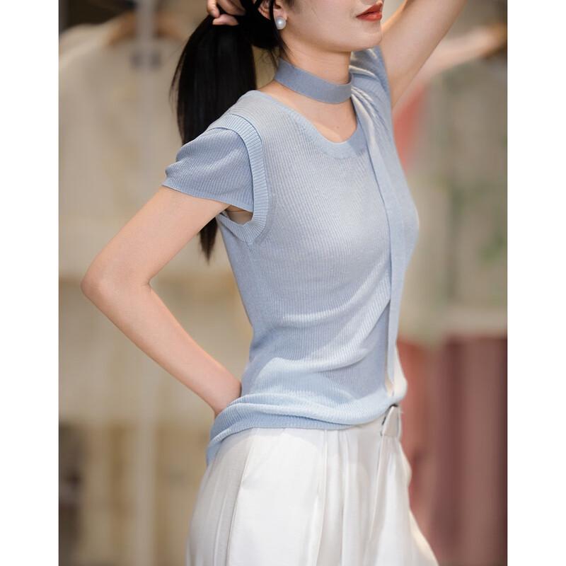 Demana Women's Summer Linen-Lyocell Blend Knit Top with Ribbon Tie