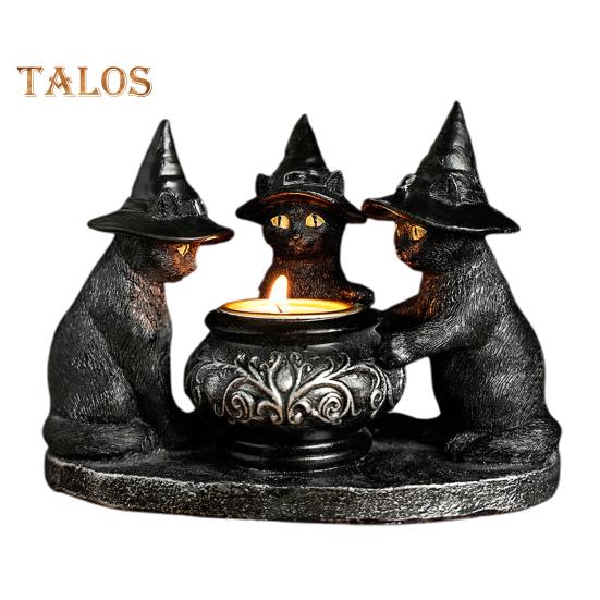 Black Cat Candle Holder Resin Halloween Cats with Witch Hats Candle Holder Vintage Candle Holder Tabletop Decoration Gift for Cat Lovers