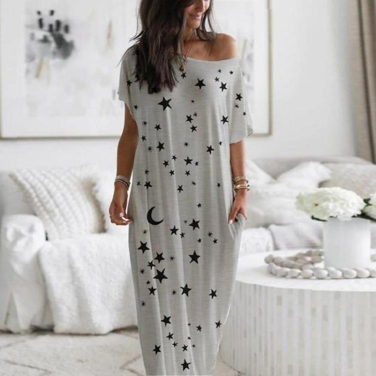 

Loose Maxi Dress Women Casual Short Sleeve Star Moon Print Pajamas Home Dress Pink Blue White Grey 4 Colors M сірий