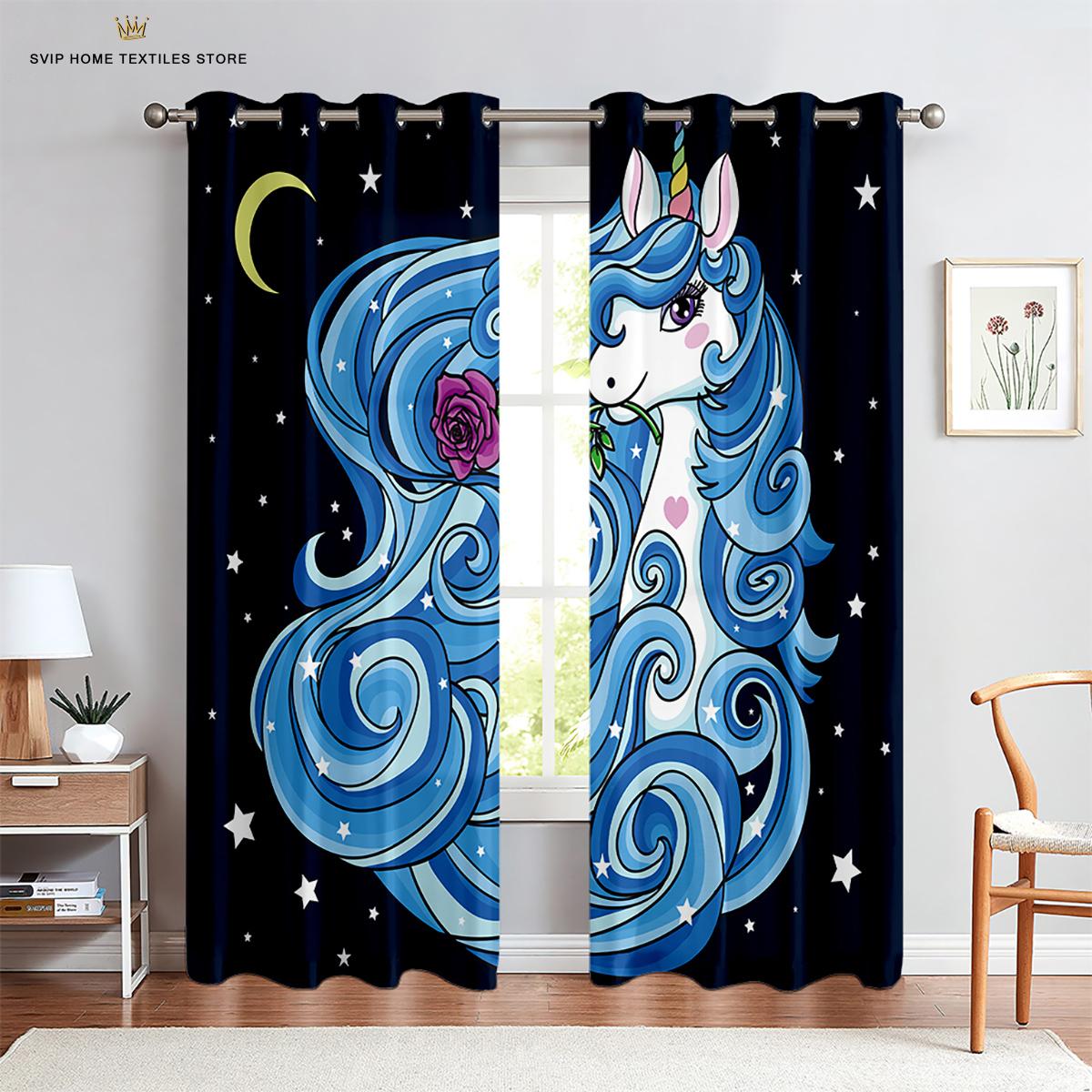

Тонкие шторы с анимированным рисунком, Радужный единорог, Лошадь, Детская комната, Подходит для гостиной, спальни, Украшения окна W50X130H(CM)X2PCS&Rod pocket