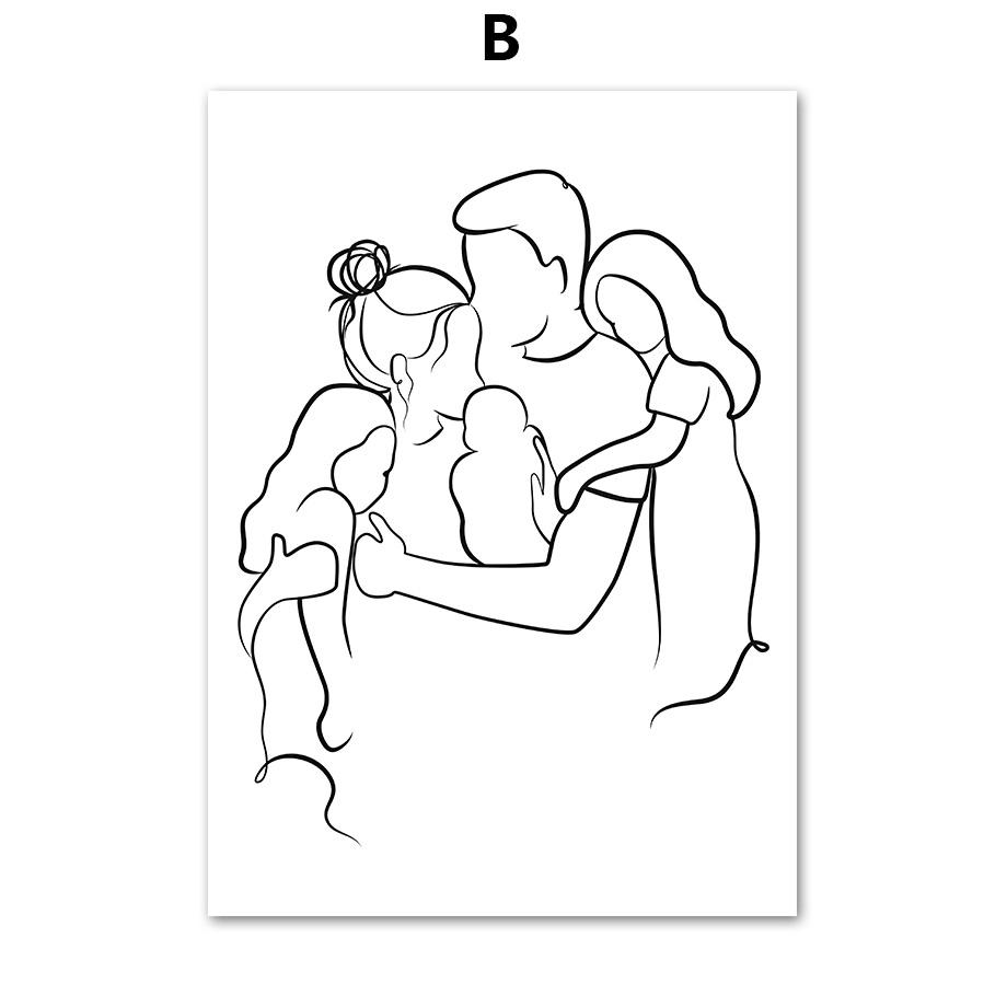 Abstract Lines Family Parent-child Nordic Posters Black And White Wall Art Canvas Painting Wall Pictures For Living Room Decor