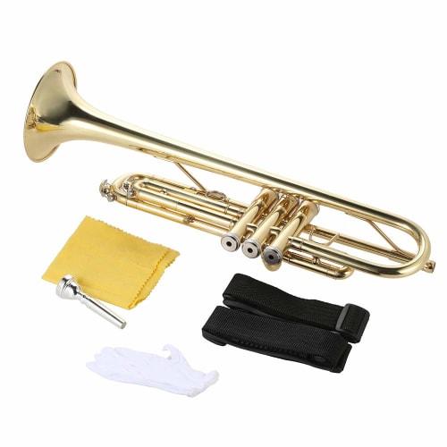 Juspins Trumpet Bb Flat, Brass Gold Finish, Exquisite and Durable Instrument with Mouthpiece, Gloves, Strap, and Case