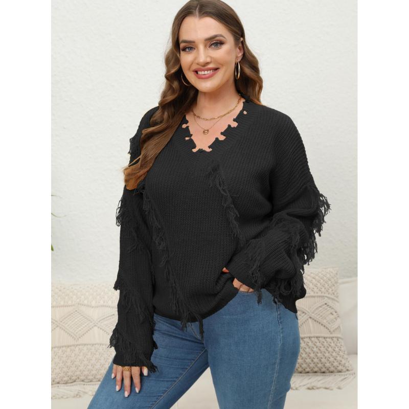 Damen Strickpullover Übergröße Damen Herbst und Winter neu V-Ausschnitt Schnurrhaare Quasten Stickerei Pullover