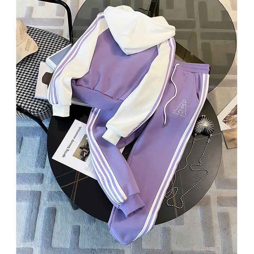 Costum Sportiv de Toamnă de Primăvară pentru Fete Versiune Top cu Glugă Pantaloni Casual Set Două Piese