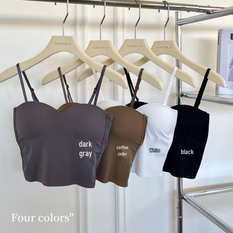 Seamless Ice Silk French Strappy Tank Top with Fixed Cup and Bandage Bustier