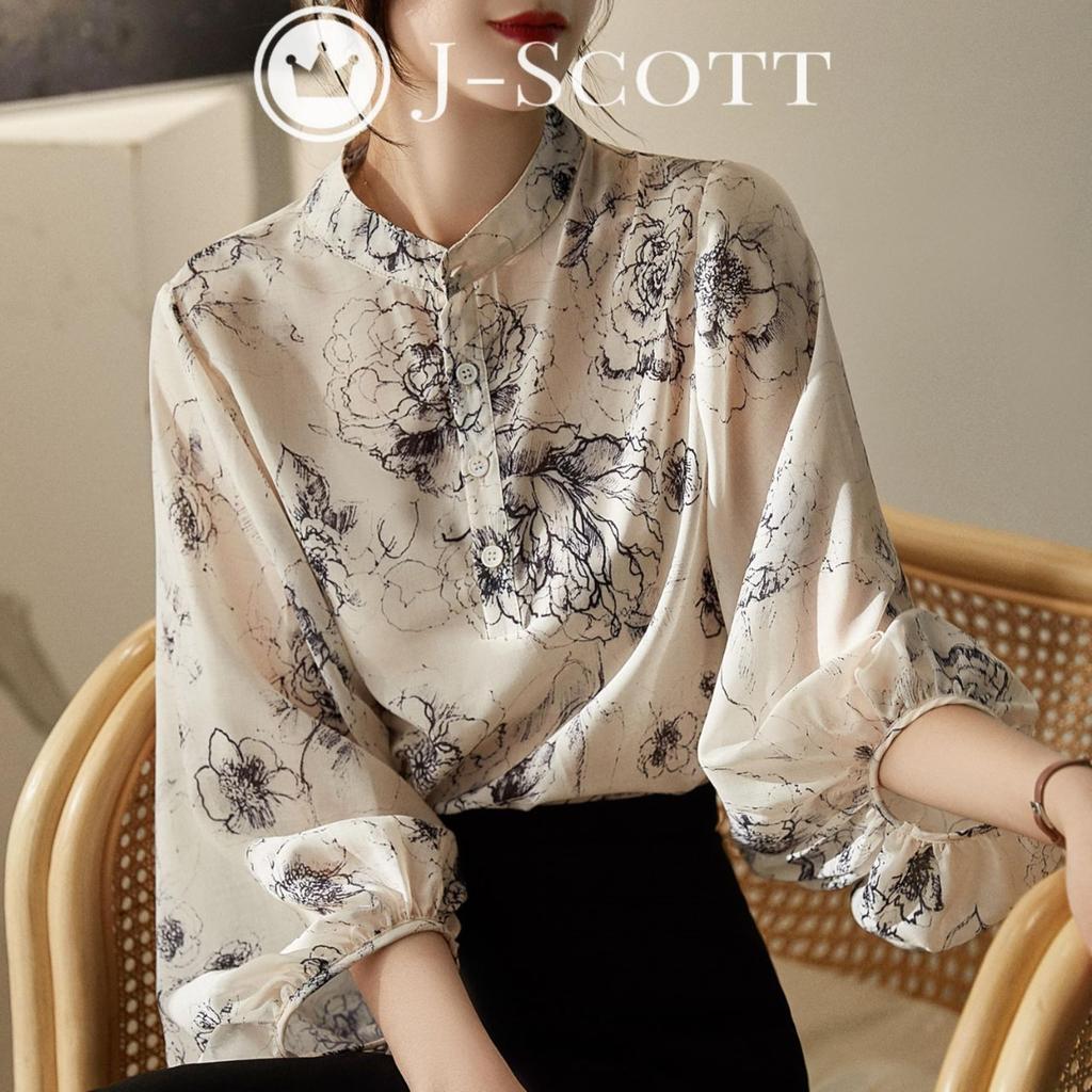 J-Scott Painting-Style Flower Print Blouse, Collarless, Puff Sleeves, Sheer, Lightweight, Refreshing, Ivory, JS46-IV-L