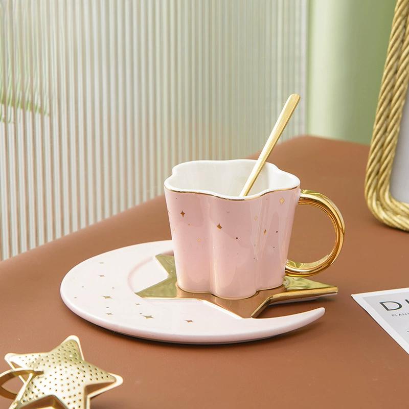 Star Moon Coffee Mug Set Ceramic Heat-resistant Mug With Spoon Dish Set Exquisite Cappuccino Coffee Afternoon Tea Cup Drinkware