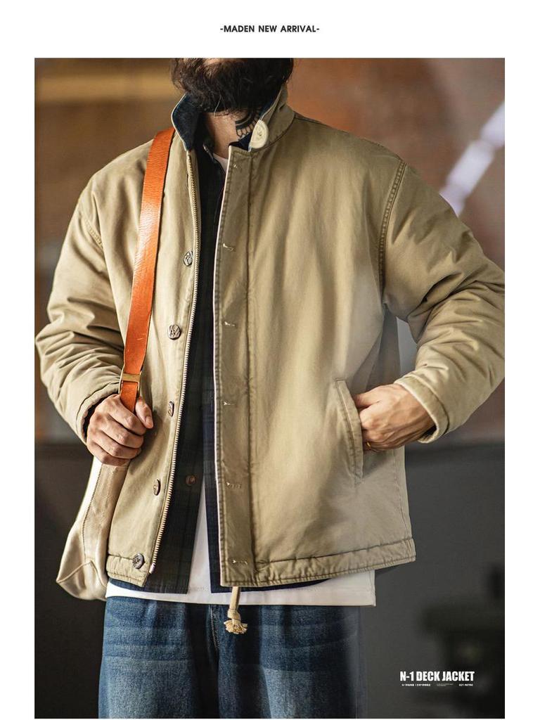 Maden Workwear Men's American Retro N1 Deck Jacket – Warm Stand Collar Cotton Jacket for Autumn and Winter