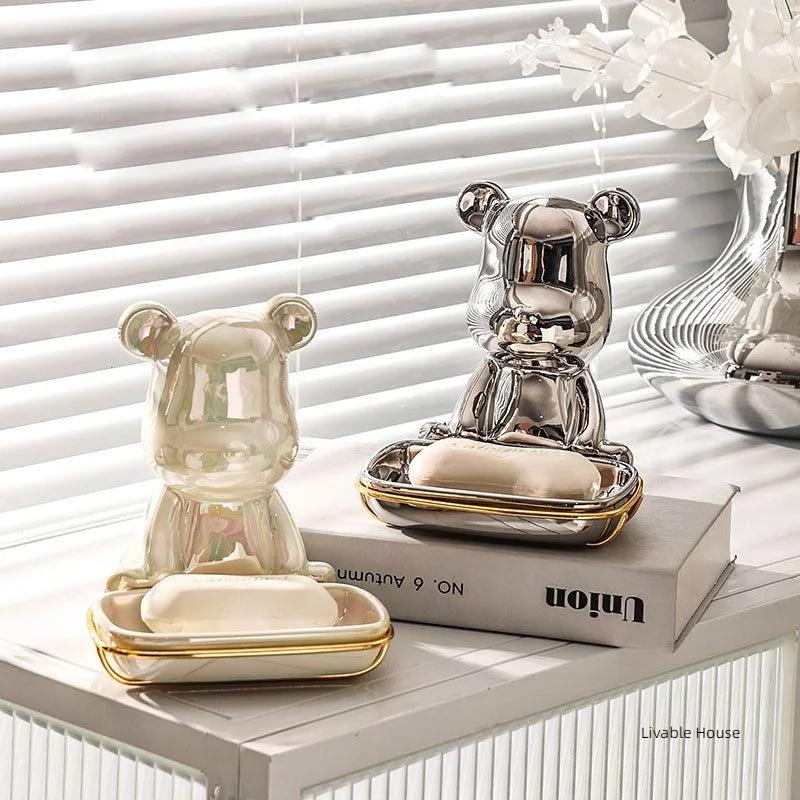Light Luxury Bear Soap Box Ceramics Bathroom Holder Dish Golden Storage Drain Plate Tray Shower Supplies Gadgets