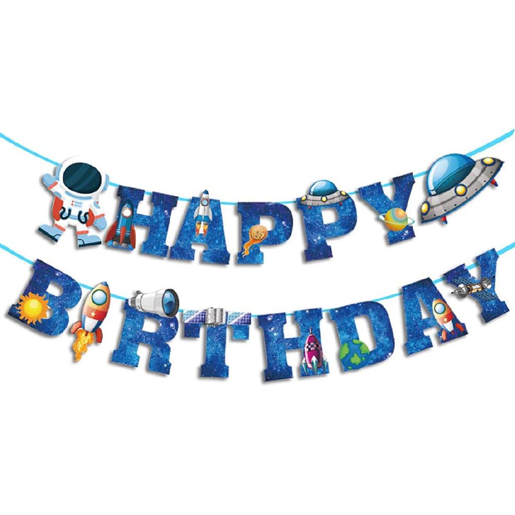 Space Ship Astronaut Happy Birthday Banner Boys Birthday Party Banner Decoration Blue
