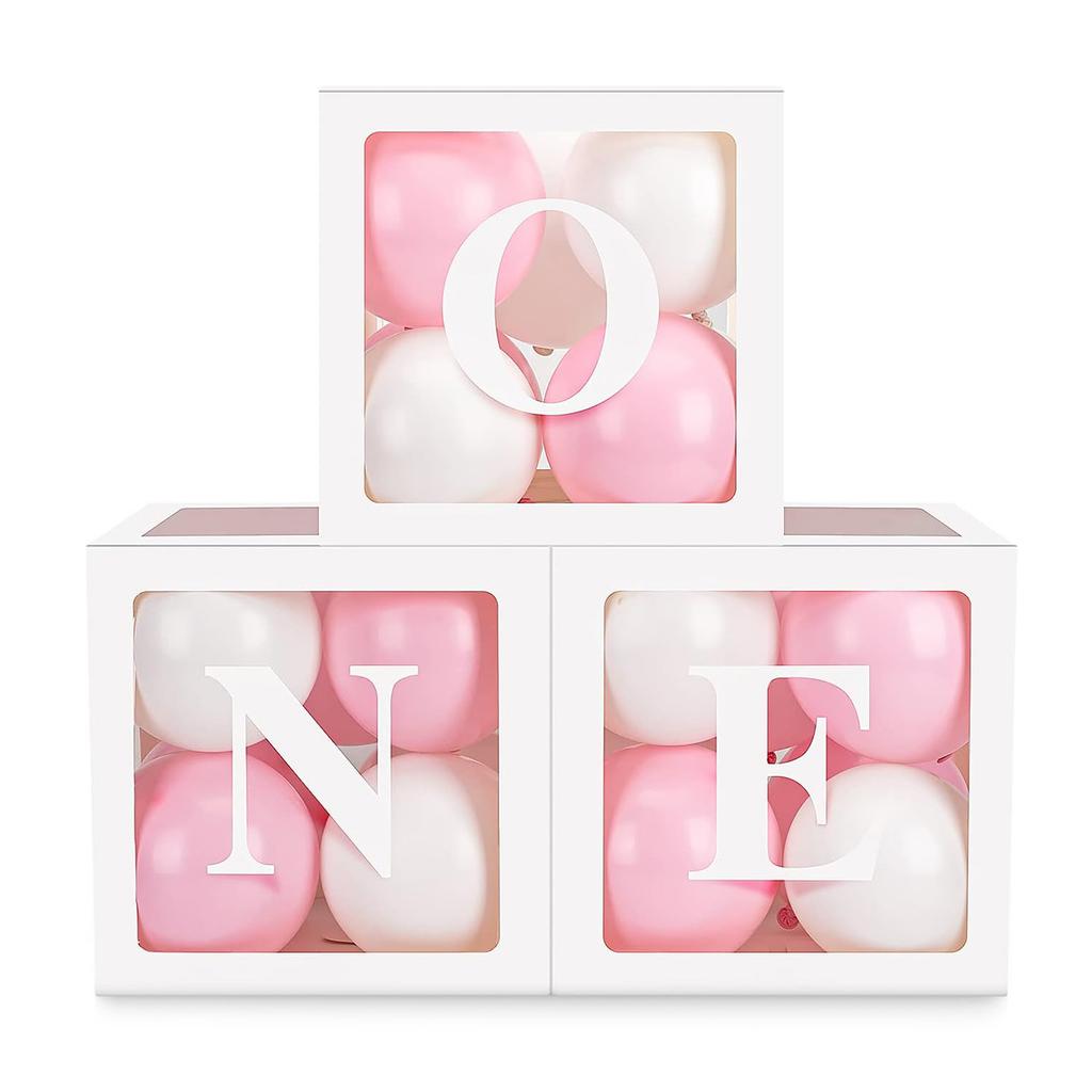 Baby Girl First Birthday Party Decoration Three Balloon Boxes with 24 Balloons for 1 Year Old Baby Birthday Party Backdrop Favor