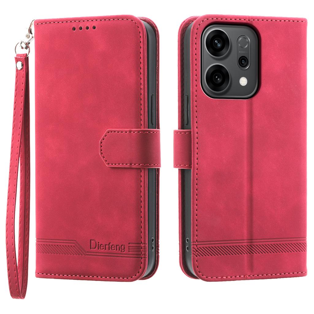DIERFENG DF-03 For Oppo Reno14 5G (Global) Case Lines Imprint Wallet Leather Phone Cover with Wrist Strap