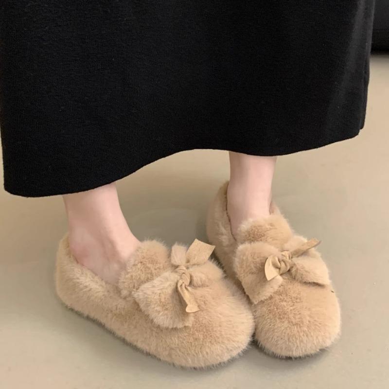 Mode 2024 Damen Neue Plüsch Warme Schneestiefel Herbst und Winter Modisches Schleifendesign Baumwolle Flache Slipper Loafers