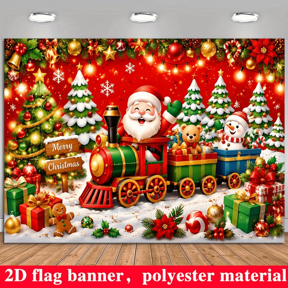 2D Flat Flag, 2D Flat - 1pc 2D Flag, Christmas Themed Banner Background, Santa Claus Driving a Small Train Theme, Includes Snowm