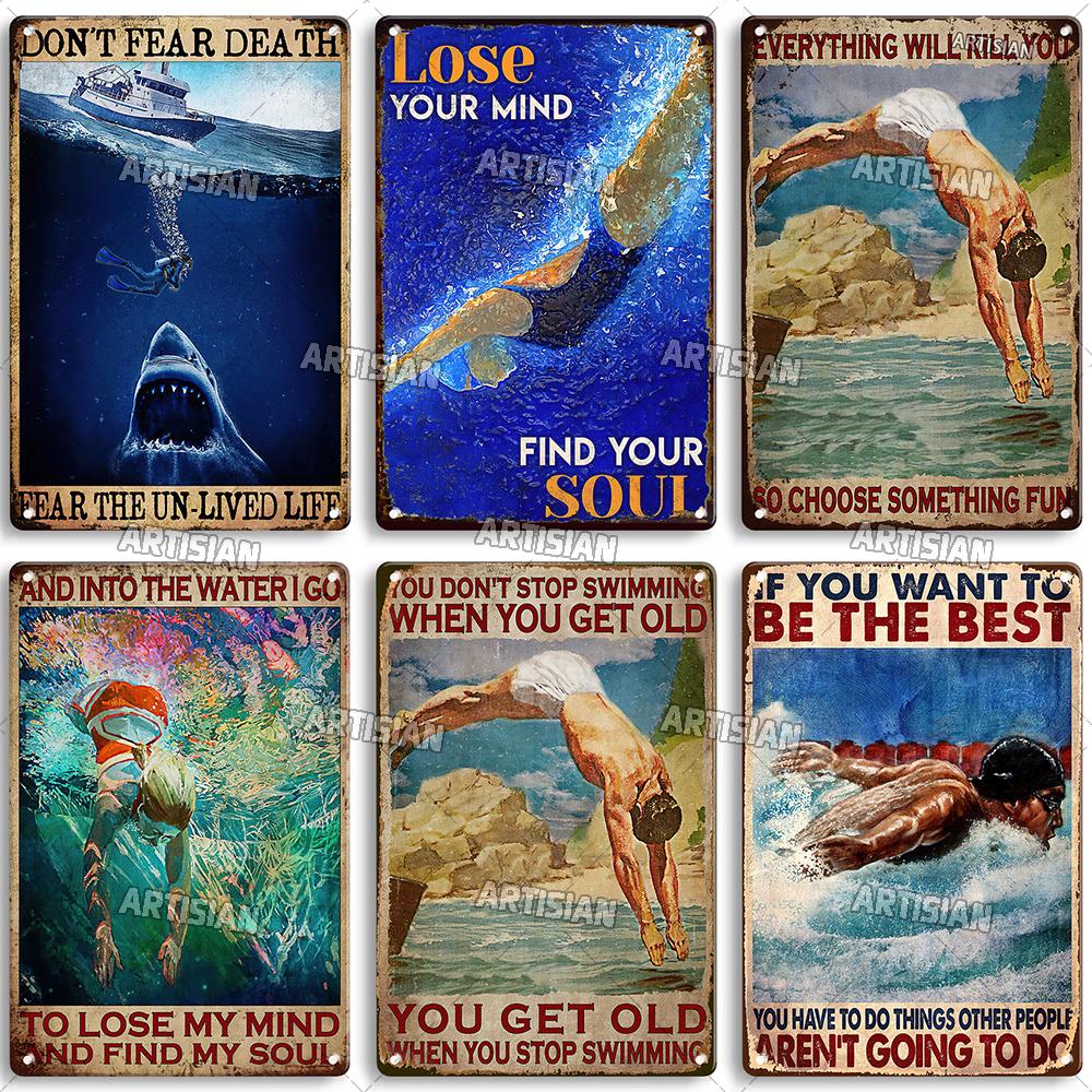 Artisian Sport Metallschild Schwimmen Blechschild Tauchen Dekoratives Poster Wanddeko Garage Bar Pub Club Hotel Café Küche Zuhause
