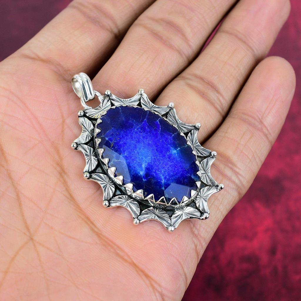 Blå safir anheng, håndlaget edelstens anheng, 925 solid sterling sølv anheng Antikke smykker, for forlovelsesgave