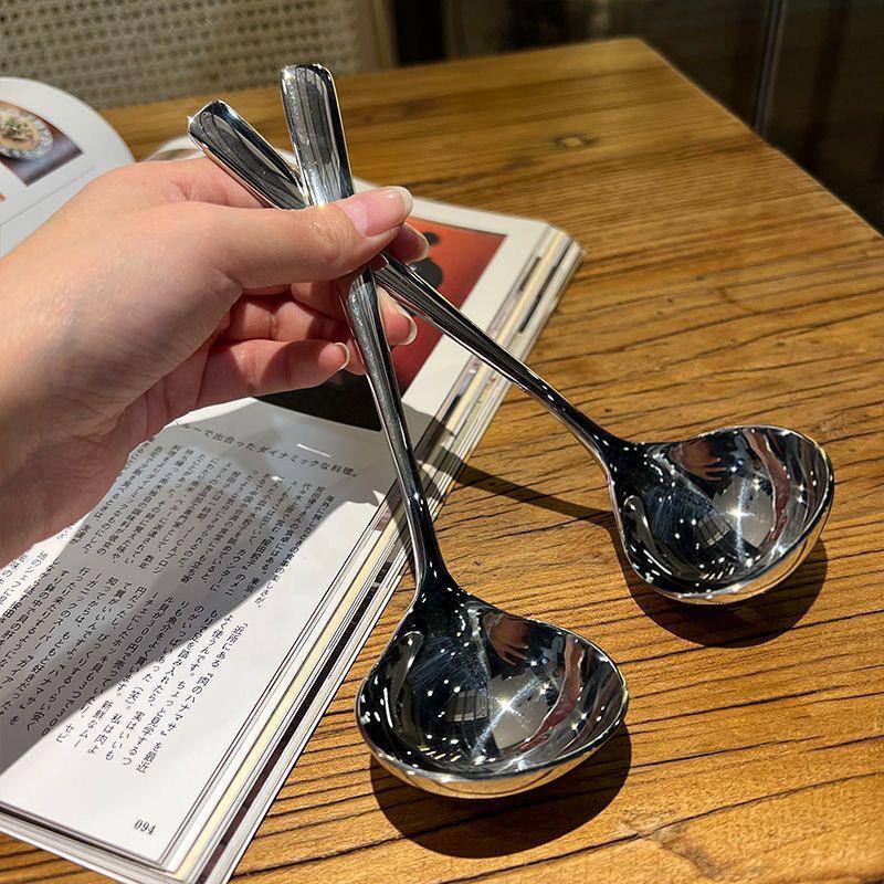 Long Handled Soup Spoon for Home Stainless Steel Korean Design, Perfect for Ladling Hot Soup Rice Porridge from Deep Pots Safely