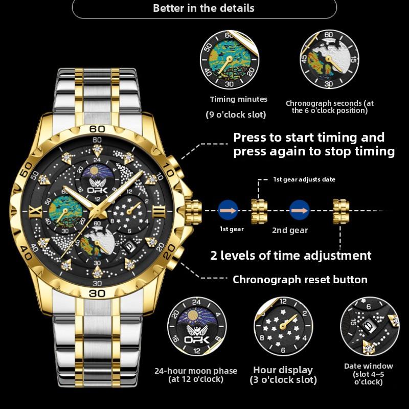 OPK Stainless Steel Waterproof Starry Sky Men's Watch Male Student Luminous Single Calendar Quartz Watch